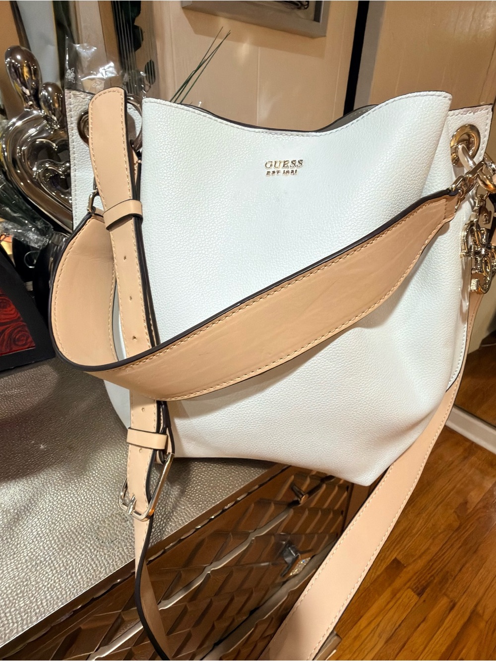 GUESS White & Beige Pebbled Leather Shoulder Bag with Gold Hardware
